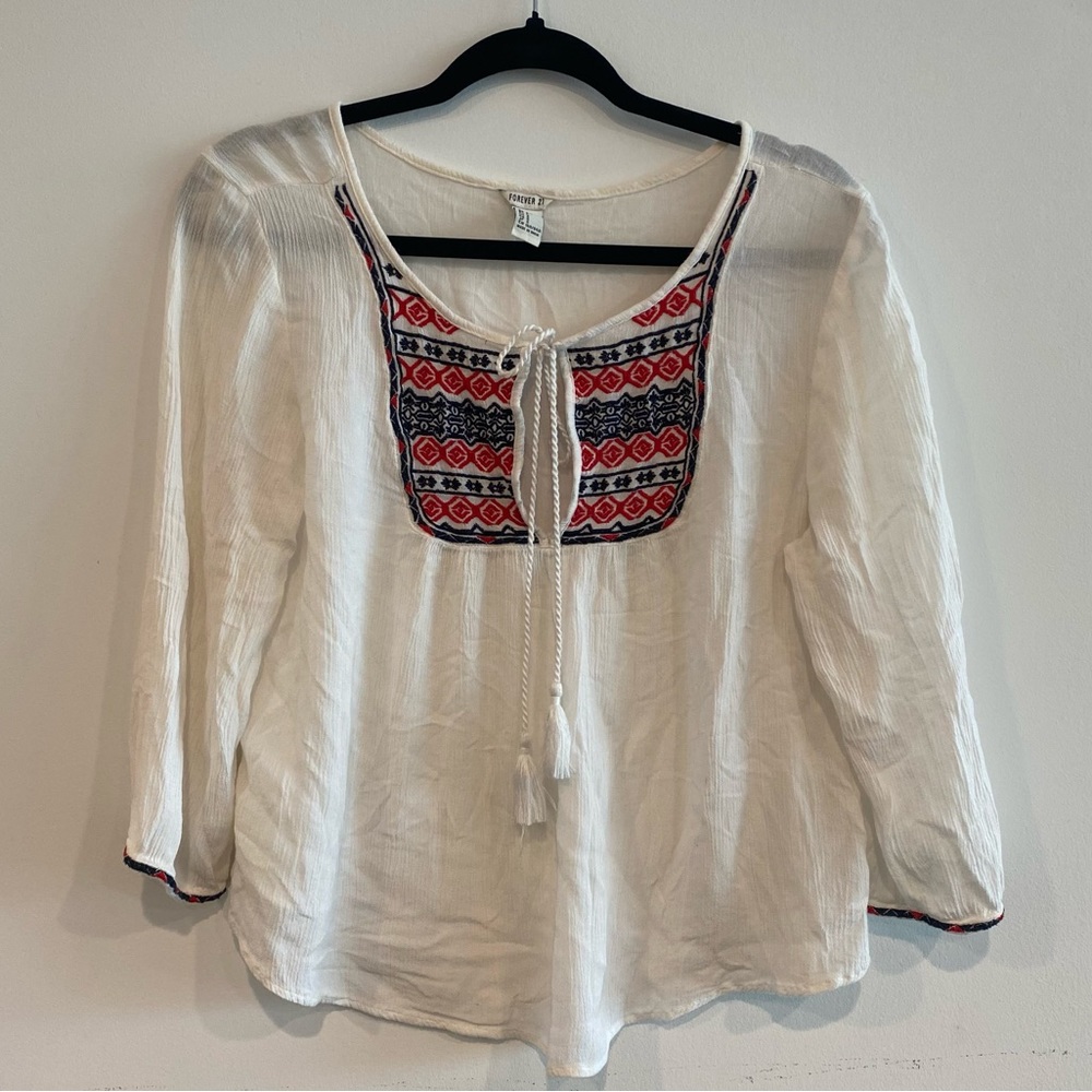 Linen Style White Blouse Tunic With Blue and White Detailing size Small